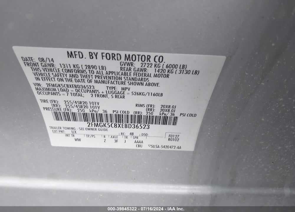 2014 FORD FLEX SEL VIN: 2FMGK5C8XEBD36523
