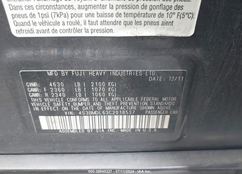 2012 SUBARU LEGACY 3.6R LIMITED VIN: 4S3BMDL63C2018537