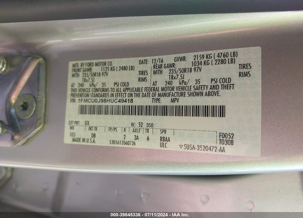 2017 FORD ESCAPE TITANIUM VIN: 1FMCU0J98HUC49418