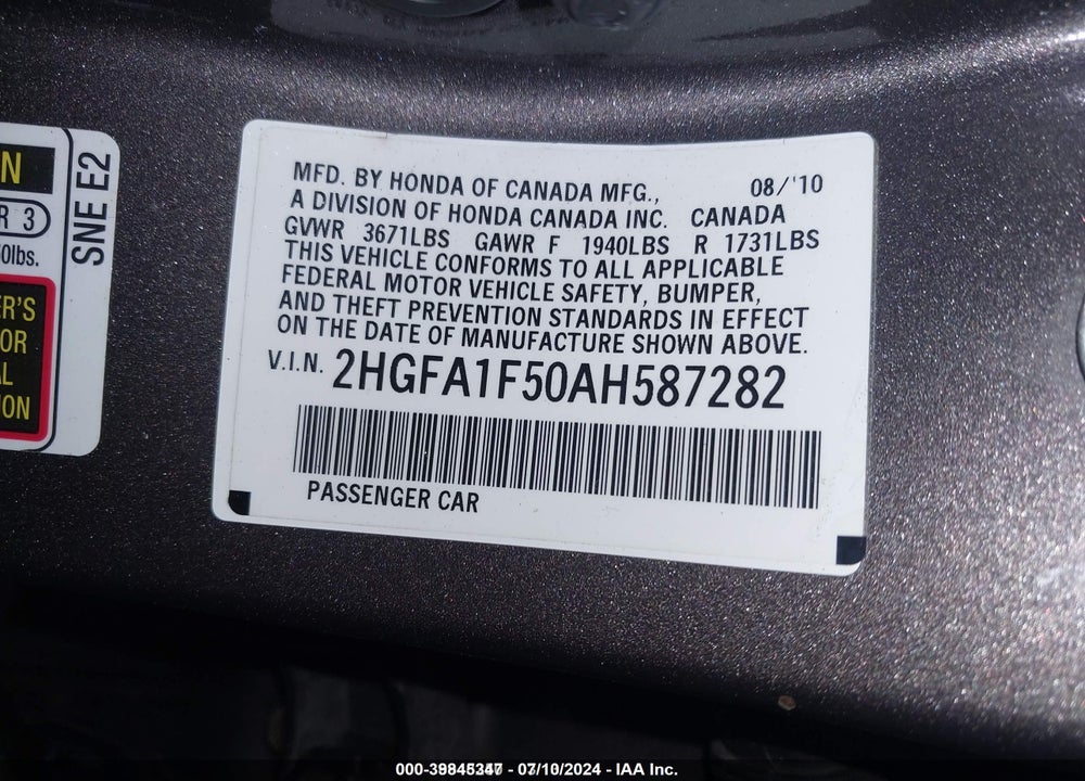 2010 HONDA CIVIC LX VIN: 2HGFA1F50AH587282