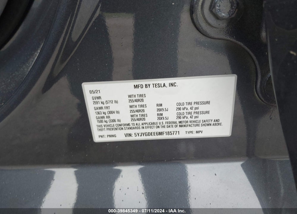2021 TESLA MODEL Y LONG RANGE DUAL MOTOR ALL-WHEEL DRIVE VIN: 5YJYGDEE6MF185771