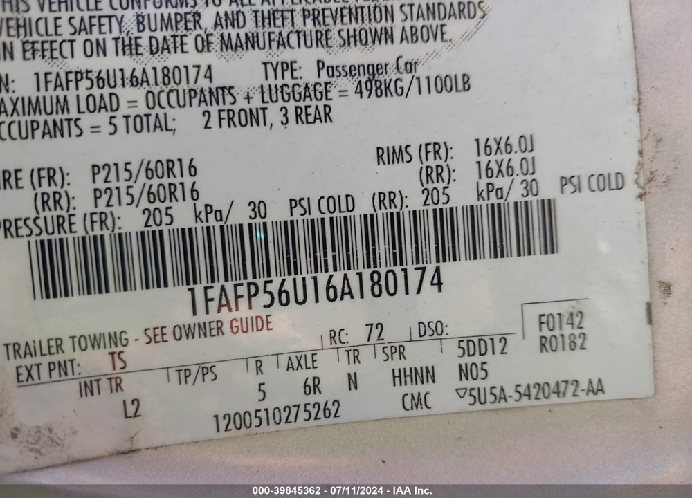 2006 FORD TAURUS SEL VIN: 1FAFP56U16A180174