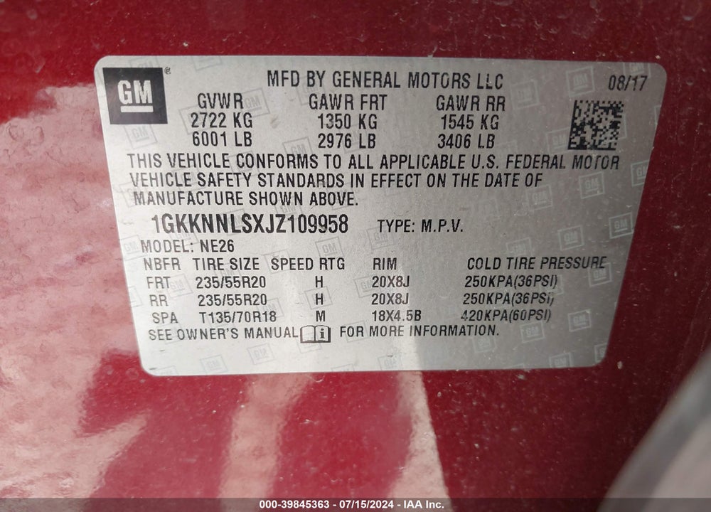 2018 GMC ACADIA SLT-2 VIN: 1GKKNNLSXJZ109958