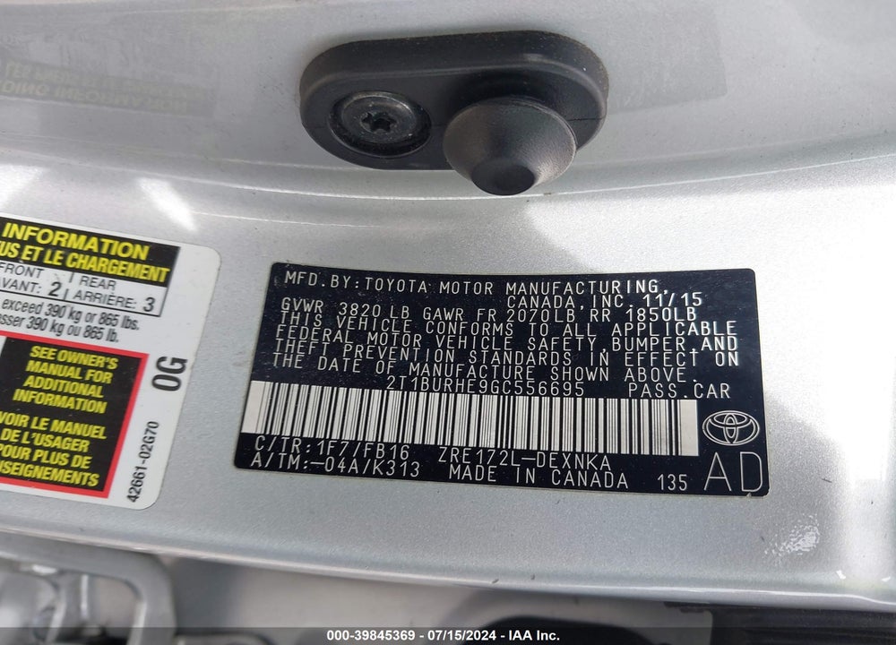 2016 TOYOTA COROLLA LE VIN: 2T1BURHE9GC556695