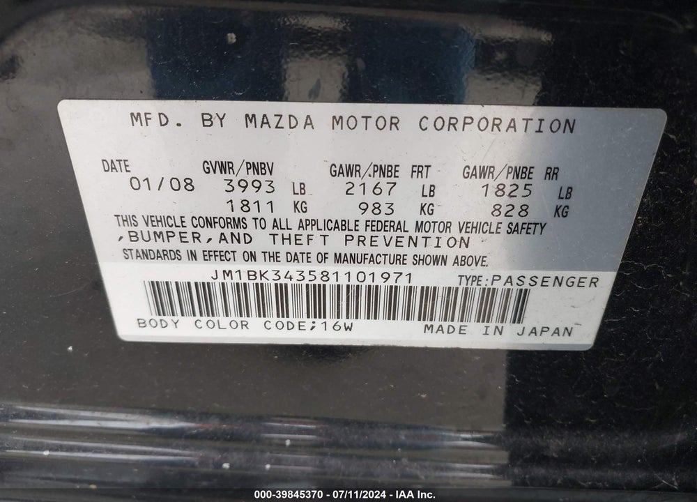 2008 MAZDA 3 S SPORT VIN: JM1BK343581101971