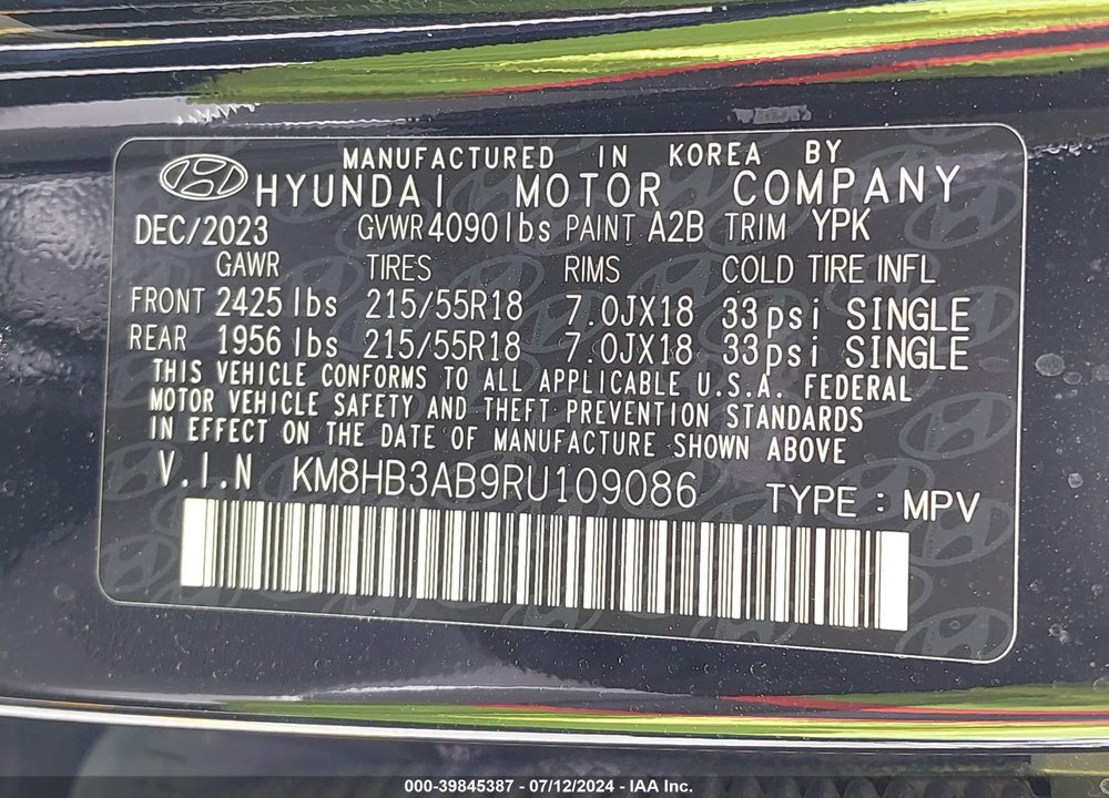 2024 HYUNDAI KONA VIN: KM8HB3AB9RU109086