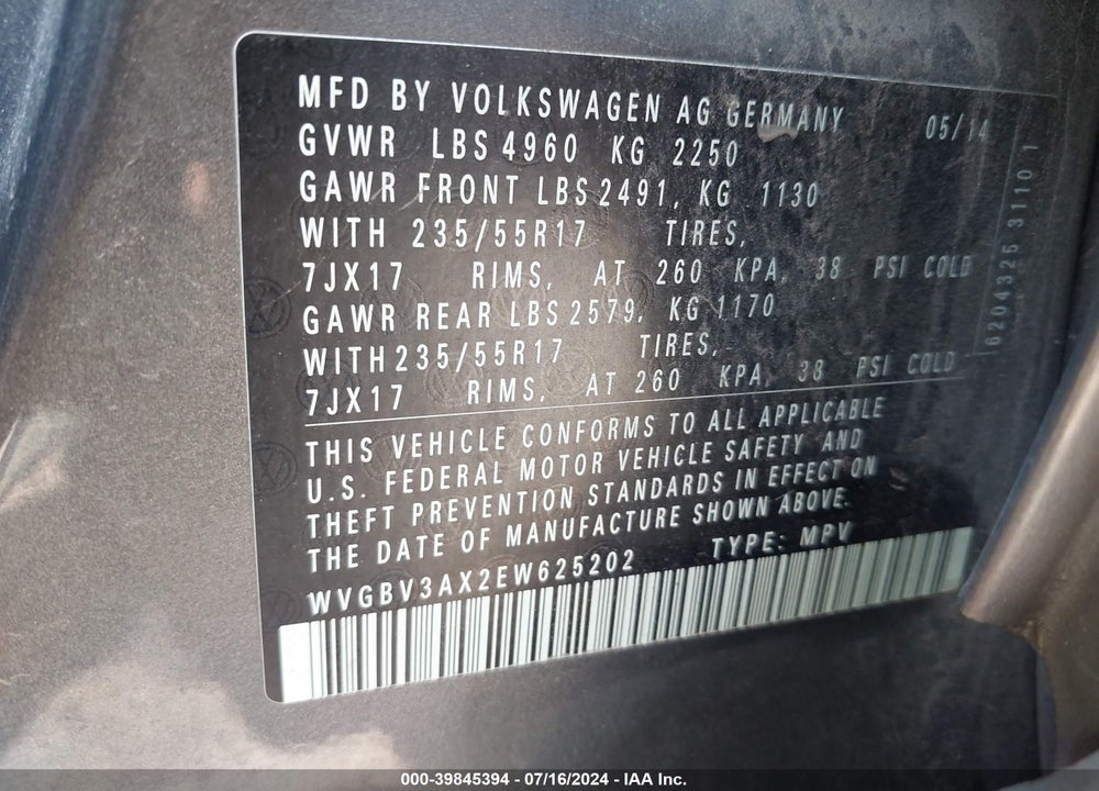 2014 VOLKSWAGEN TIGUAN SE VIN: WVGBV3AX2EW625202