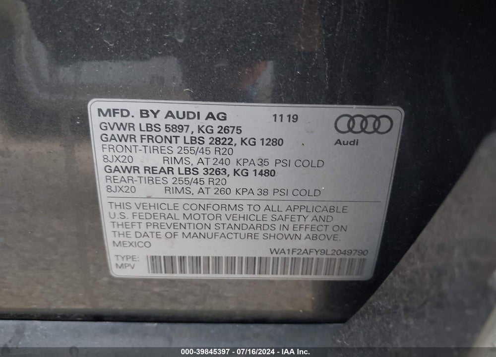 2020 AUDI Q5 PRESTIGE 55 TFSI E QUATTRO S TRONIC VIN: WA1F2AFY9L2049790