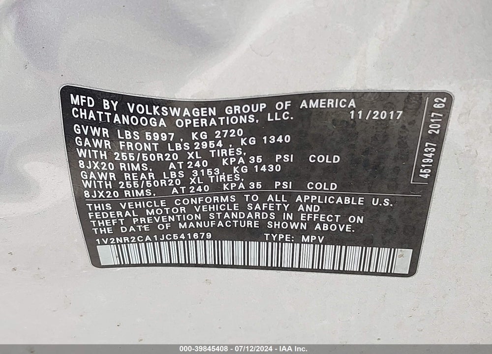 2018 VOLKSWAGEN ATLAS 3.6L V6 SEL PREMIUM VIN: 1V2NR2CA1JC541679