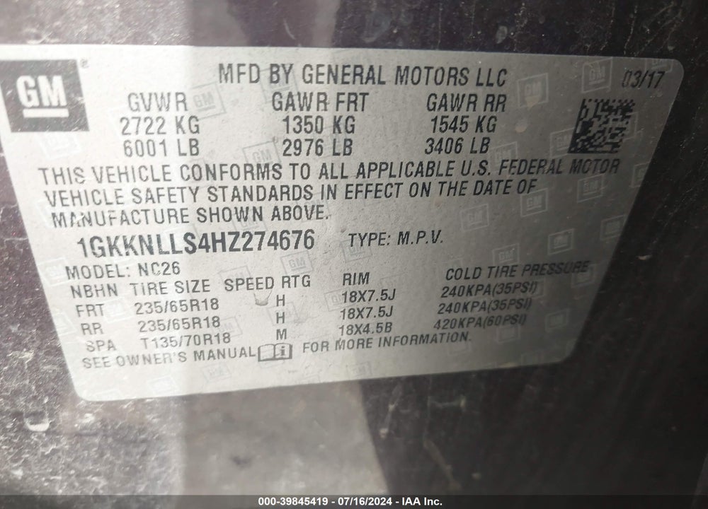 2017 GMC ACADIA SLE-2 VIN: 1GKKNLLS4HZ274676