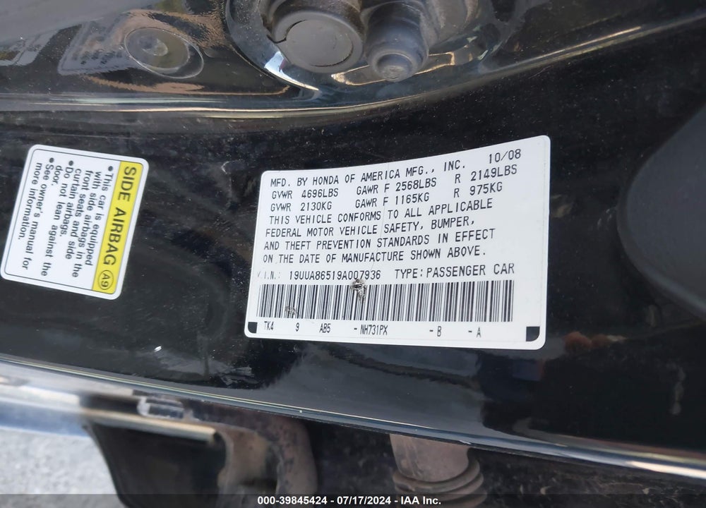 2009 ACURA TL 3.5 VIN: 19UUA86519A007936