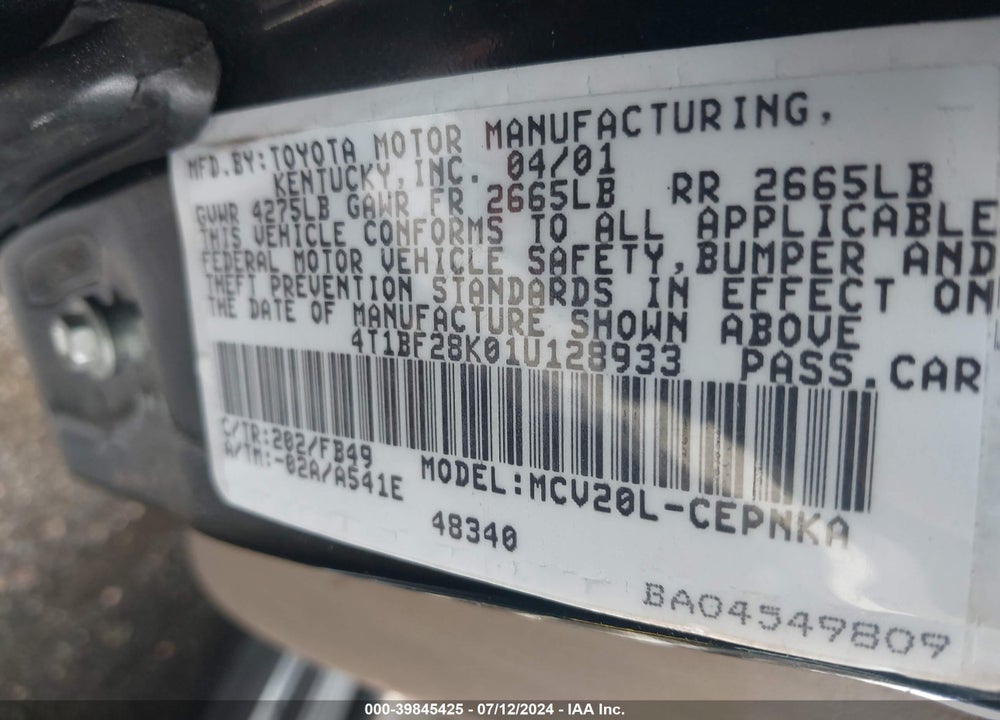 2001 TOYOTA CAMRY LE V6 VIN: 4T1BF28K01U128933