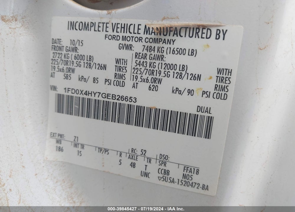 2016 FORD F-450 CHASSIS XL VIN: 1FD0X4HY7GEB26653