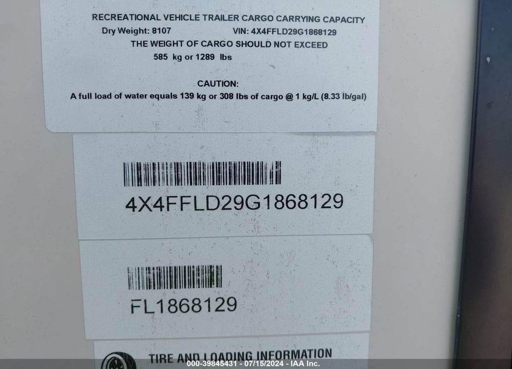 2016 FOREST RI FLAGSTAFF VIN: 4X4FFLD29G1868129