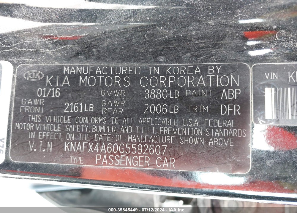 2016 KIA FORTE LX VIN: KNAFX4A60G5592607