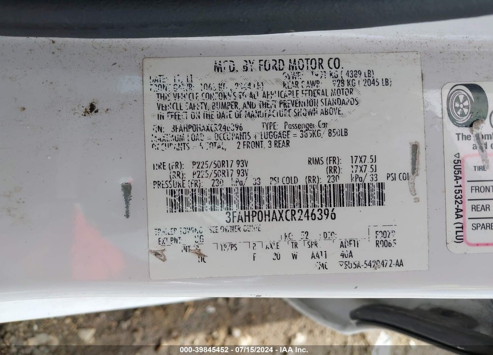 2012 FORD FUSION SE VIN: 3FAHP0HAXCR246396