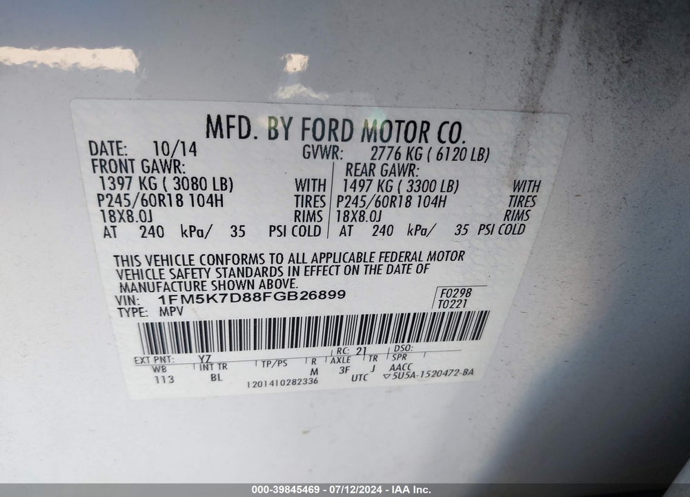 2015 FORD EXPLORER XLT VIN: 1FM5K7D88FGB26899