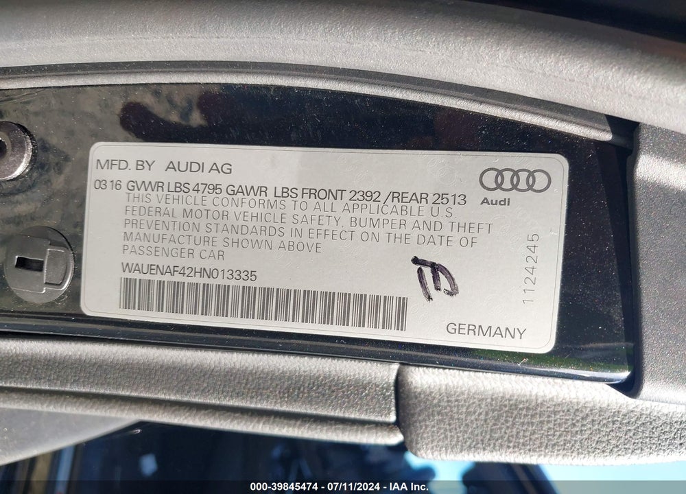 2017 AUDI A4 2.0T PREMIUM VIN: WAUENAF42HN013335