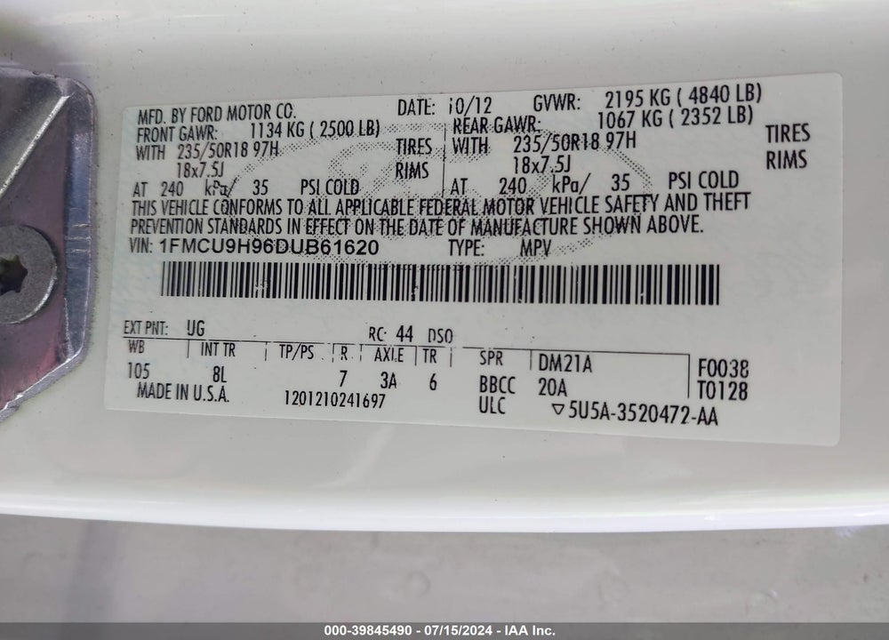 2013 FORD ESCAPE SEL VIN: 1FMCU9H96DUB61620