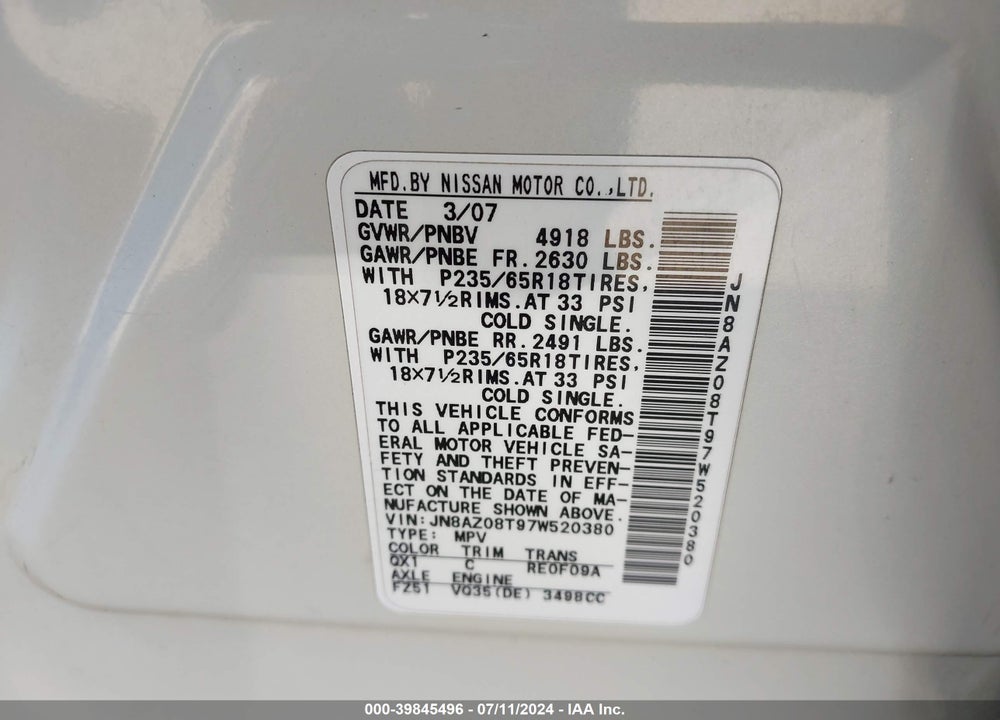2007 NISSAN MURANO SL VIN: JN8AZ08T97W520380