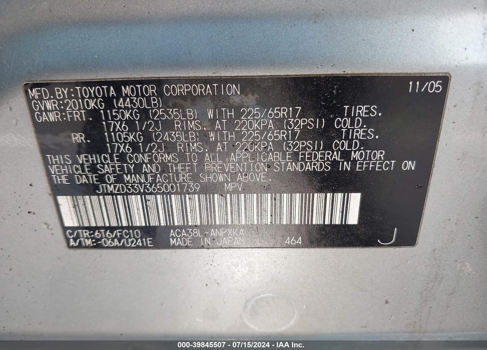 2006 TOYOTA RAV4 VIN: JTMZD33V365001739