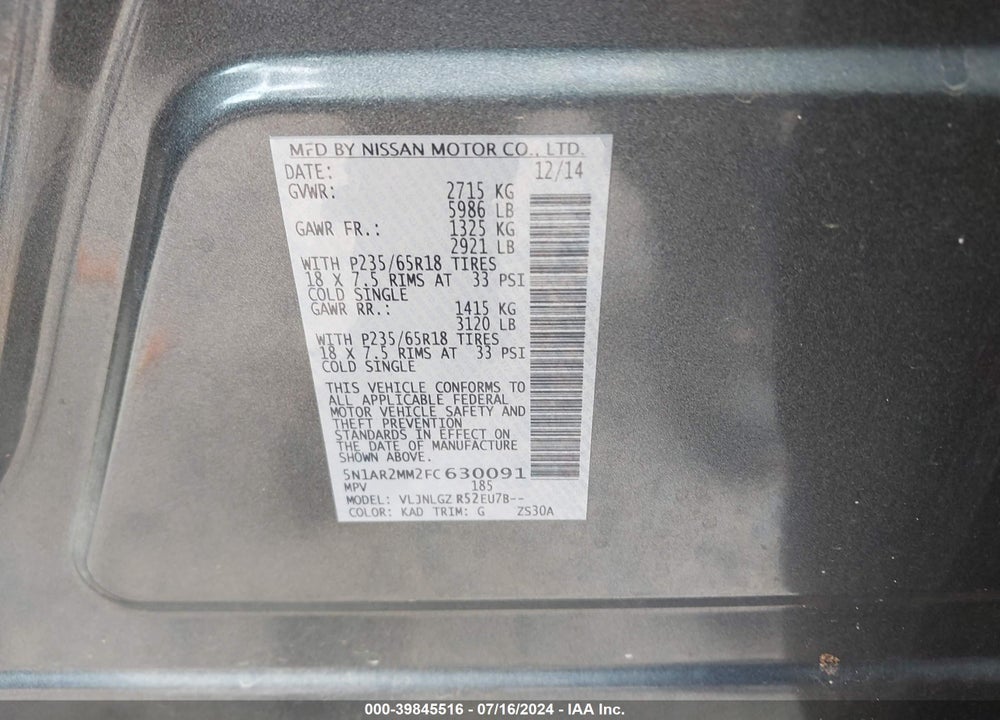 2015 NISSAN PATHFINDER SL VIN: 5N1AR2MM2FC630091