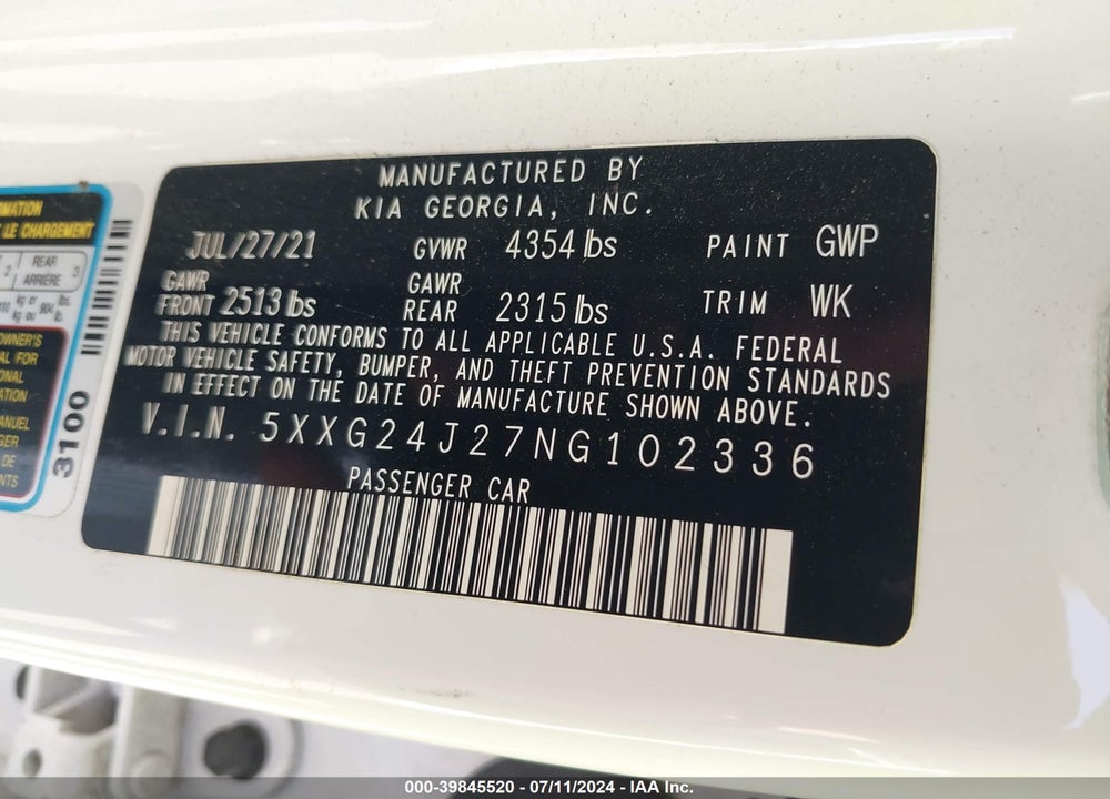 2022 KIA K5 LX VIN: 5XXG24J27NG102336