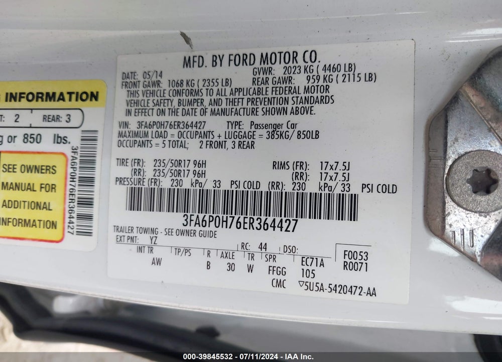 2014 FORD FUSION SE VIN: 3FA6P0H76ER364427