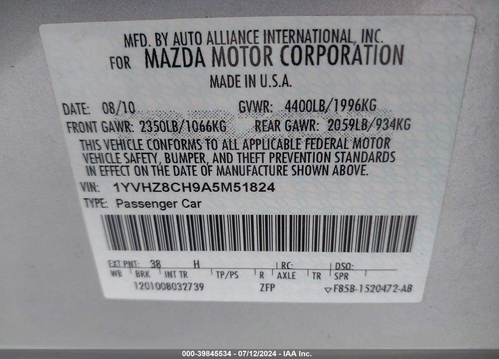 2010 MAZDA 6 I GRAND TOURING VIN: 1YVHZ8CH9A5M51824