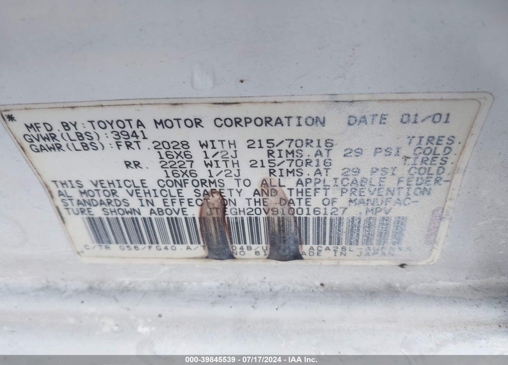 2001 TOYOTA RAV4 VIN: JTEGH20V910016127