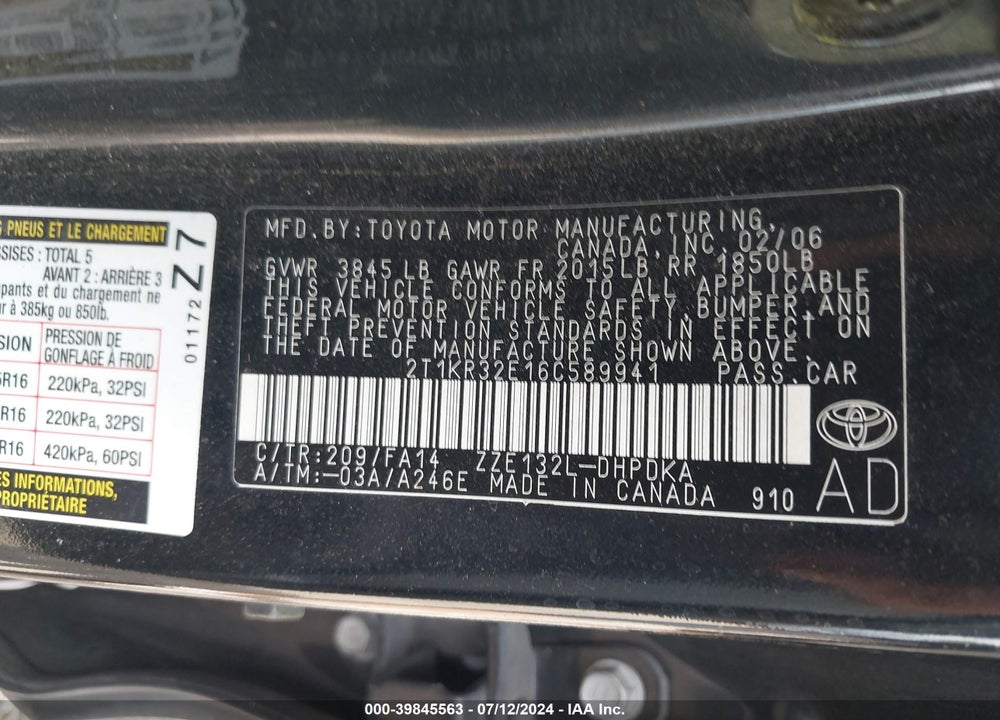 2006 TOYOTA MATRIX VIN: 2T1KR32E16C589941
