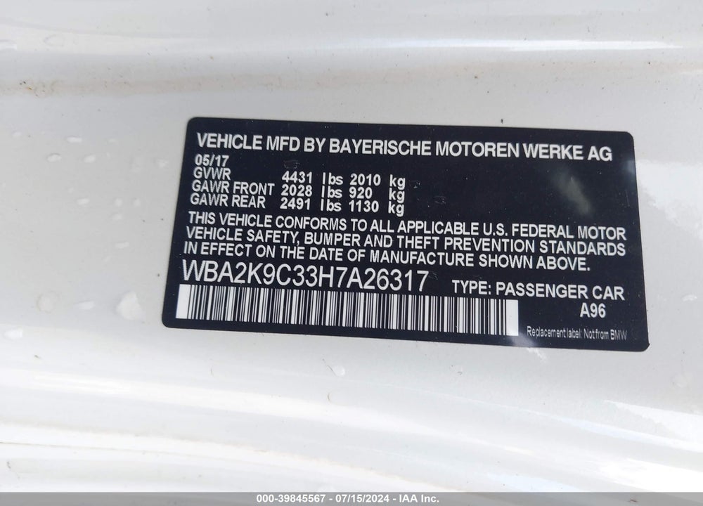 2017 BMW 230I VIN: WBA2K9C33H7A26317
