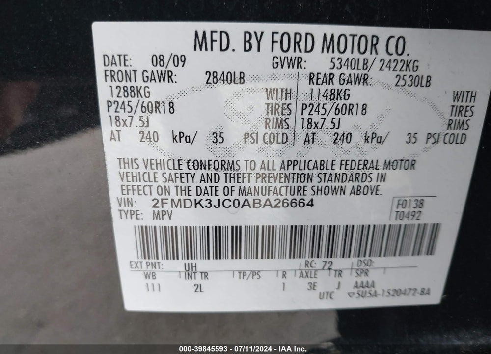 2010 FORD EDGE SEL VIN: 2FMDK3JC0ABA26664