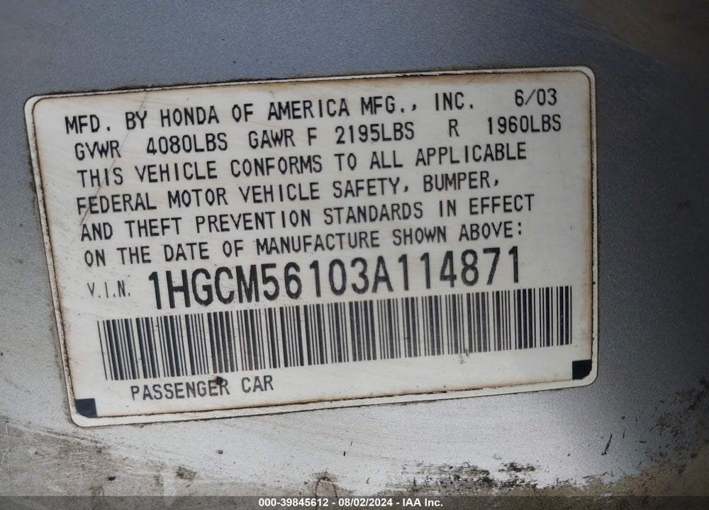 2003 HONDA ACCORD 2.4 DX VIN: 1HGCM56103A114871