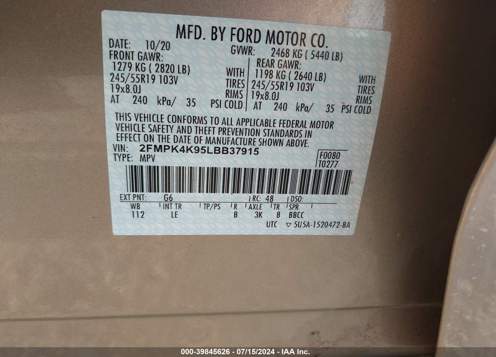 2020 FORD EDGE TITANIUM VIN: 2FMPK4K95LBB37915