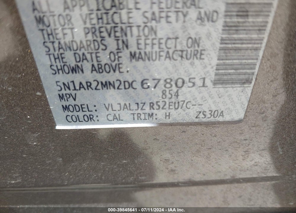 2013 NISSAN PATHFINDER PLATINUM VIN: 5N1AR2MN2DC678051