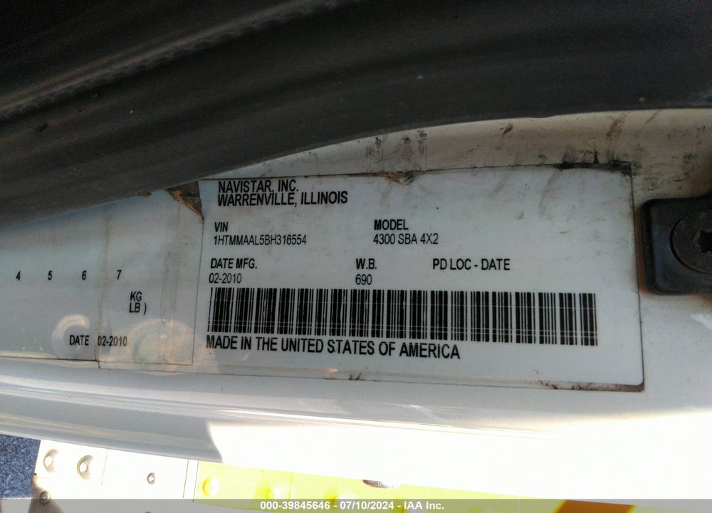 2011 INTERNATIONAL 4000 4300 VIN: 1HTMMAAL5BH316554