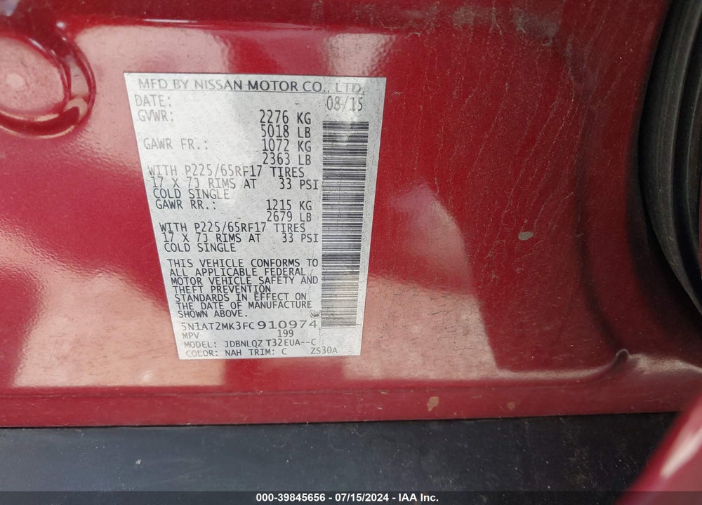 2015 NISSAN ROGUE SV VIN: 5N1AT2MK3FC910974