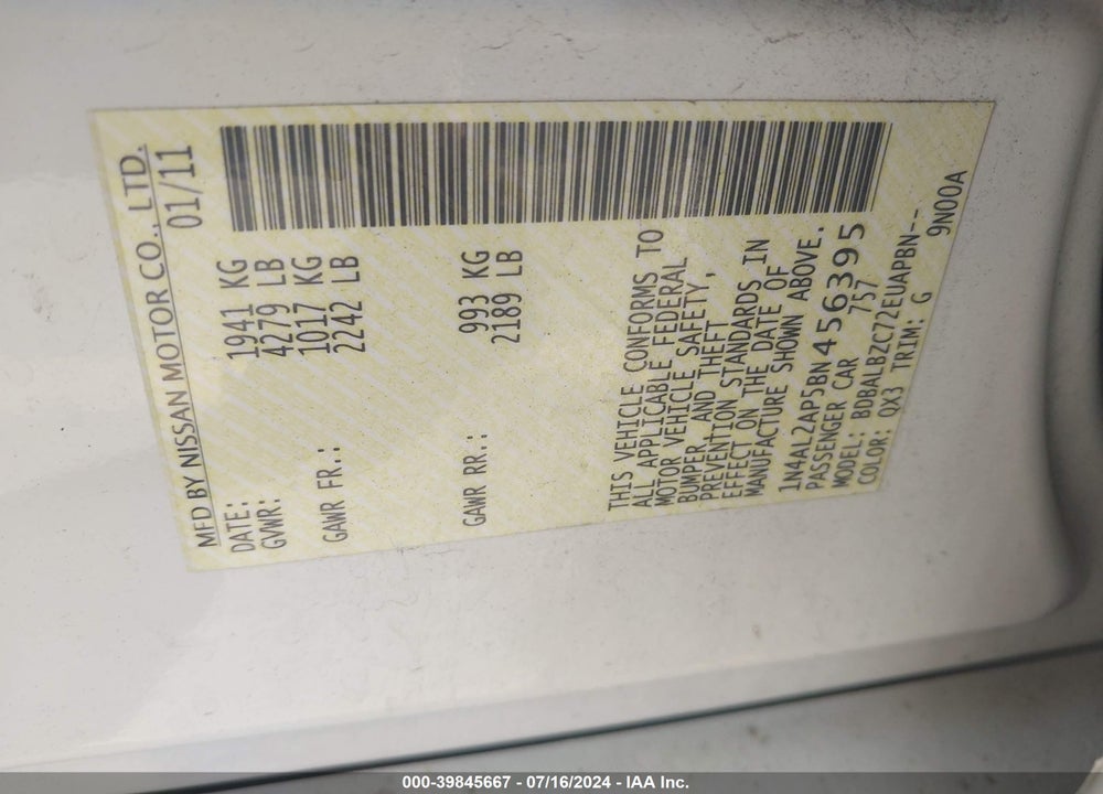2011 NISSAN ALTIMA 2.5 S VIN: 1N4AL2AP5BN456395