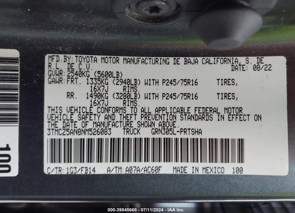 2022 TOYOTA TACOMA SR V6 VIN: 3TMCZ5AN8NM526083