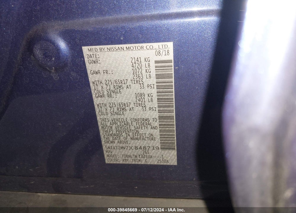 2018 NISSAN ROGUE SV VIN: 5N1AT2MV7JC848739