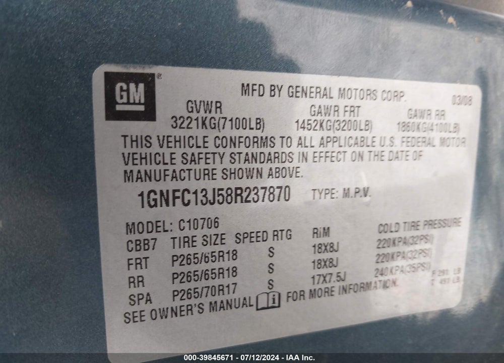 2008 CHEVROLET TAHOE LT VIN: 1GNFC13J58R237870