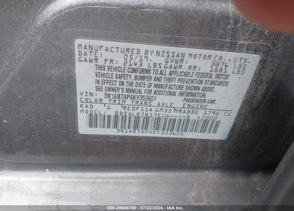 2019 NISSAN SENTRA S VIN: 3N1AB7AP4KY353601