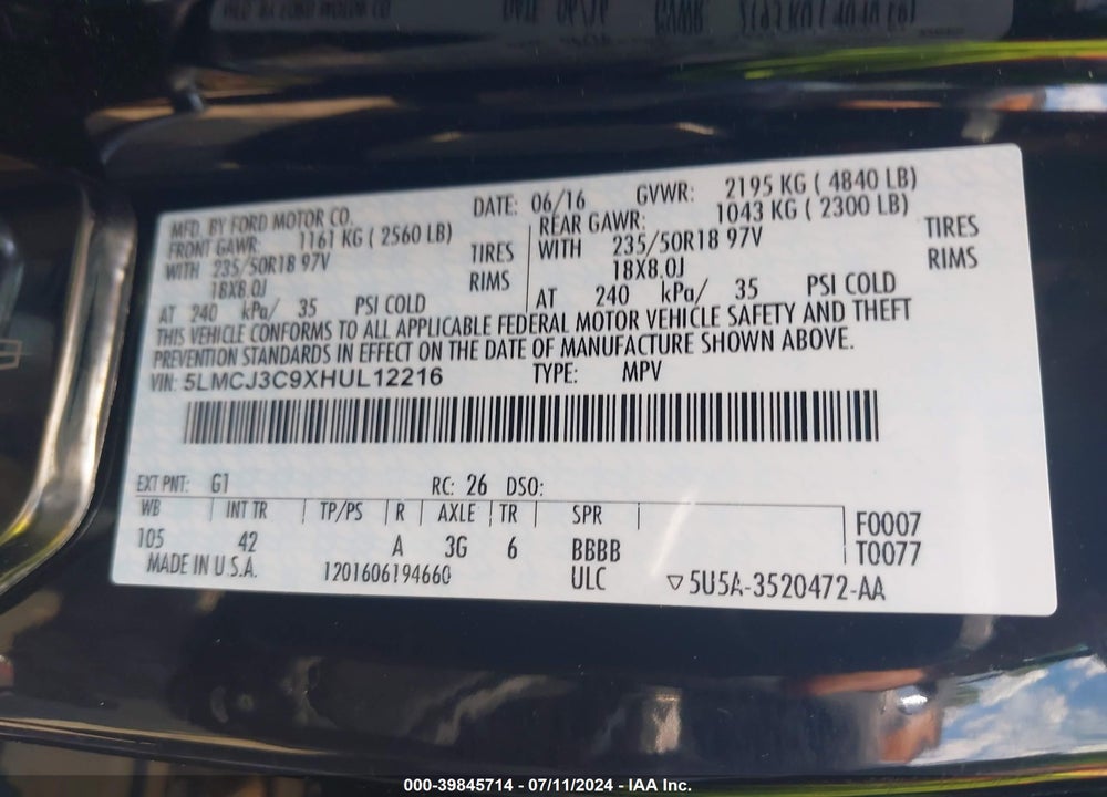 2017 LINCOLN MKC RESERVE VIN: 5LMCJ3C9XHUL12216