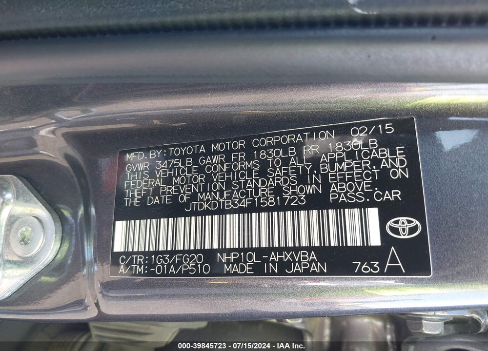 2015 TOYOTA PRIUS C TWO VIN: JTDKDTB34F1581723