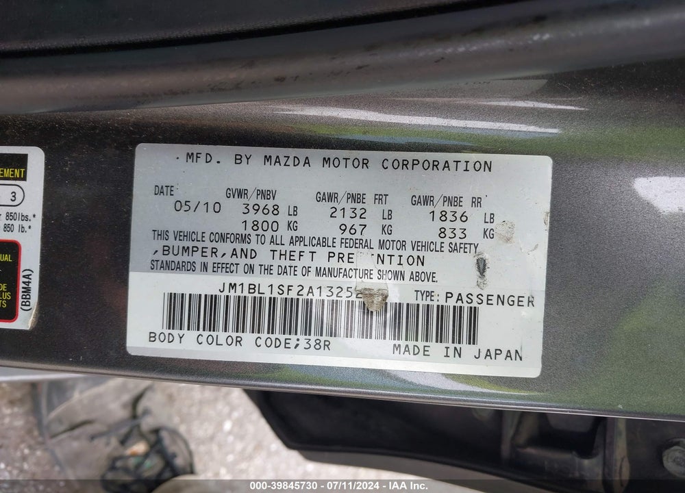 2010 MAZDA 3 I TOURING VIN: JM1BL1SF2A1325204