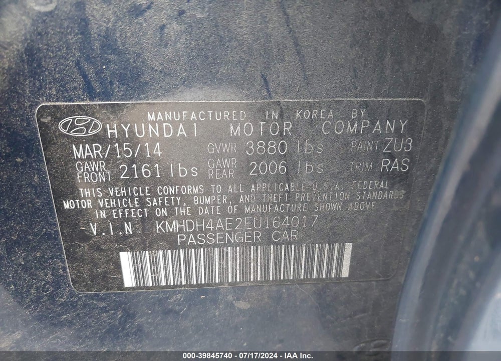 2014 HYUNDAI ELANTRA SE VIN: KMHDH4AE2EU164017