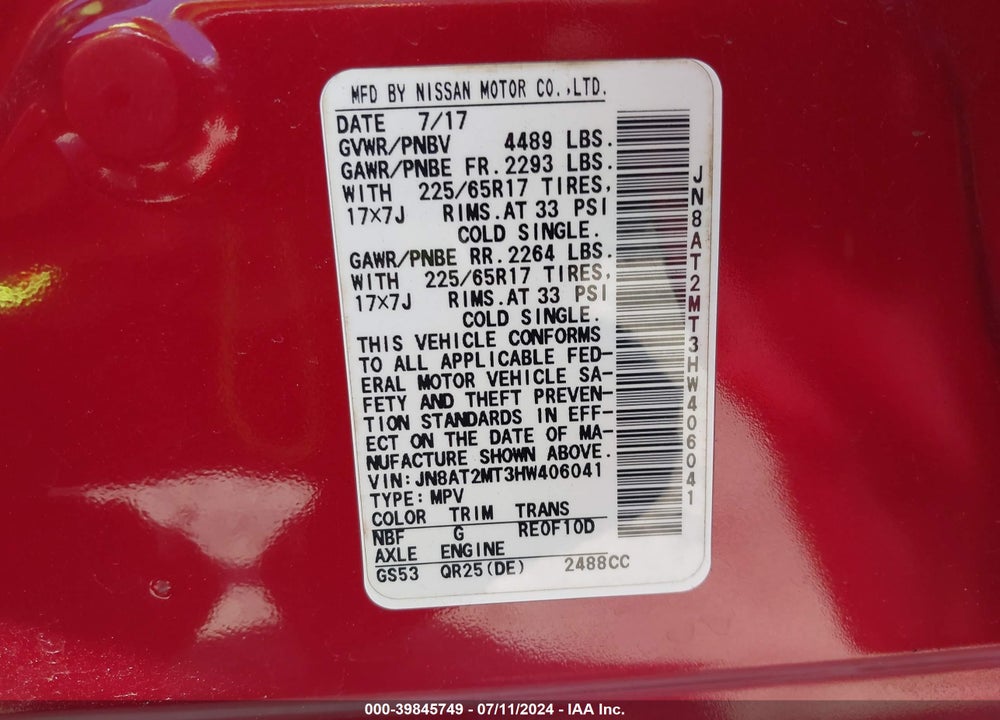 2017 NISSAN ROGUE S VIN: JN8AT2MT3HW406041