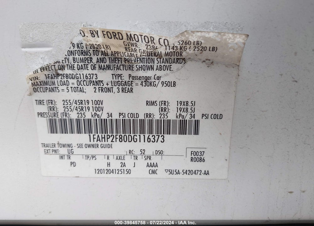 2013 FORD TAURUS LIMITED VIN: 1FAHP2F80DG116373