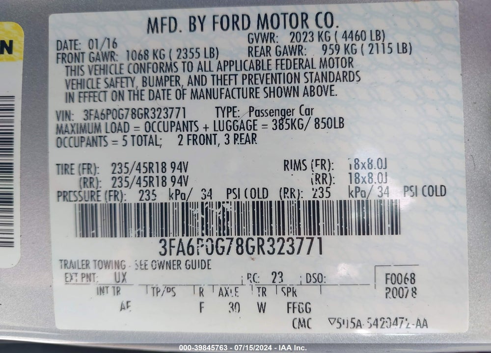 2016 FORD FUSION VIN: 3FA6P0G78GR323771